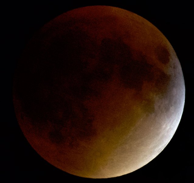 Lunar eclipse, September 27, 2015, DSLR, same image as above but processed to show some lunar detail. The eclipse is almost, but not quite, total at this point.
