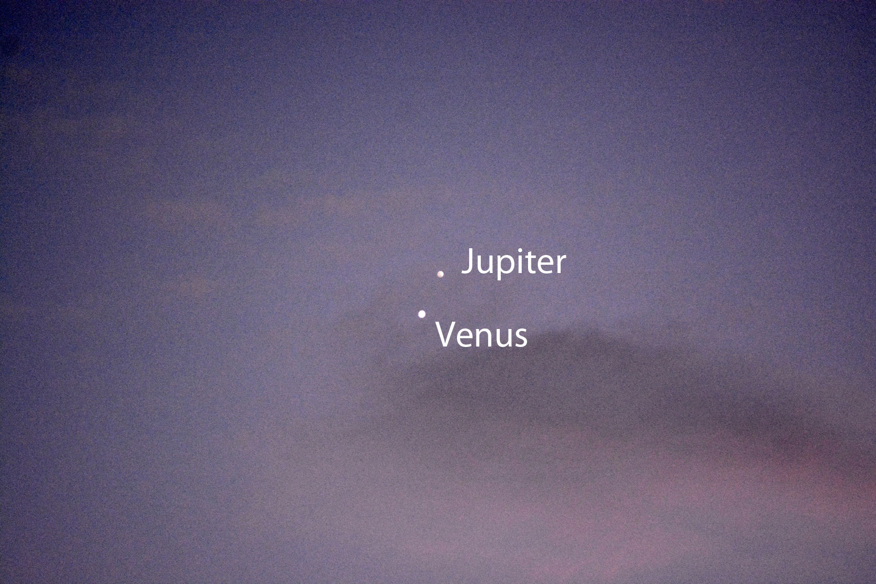 Venus and Jupiter close conjunction. June 30, 2015.